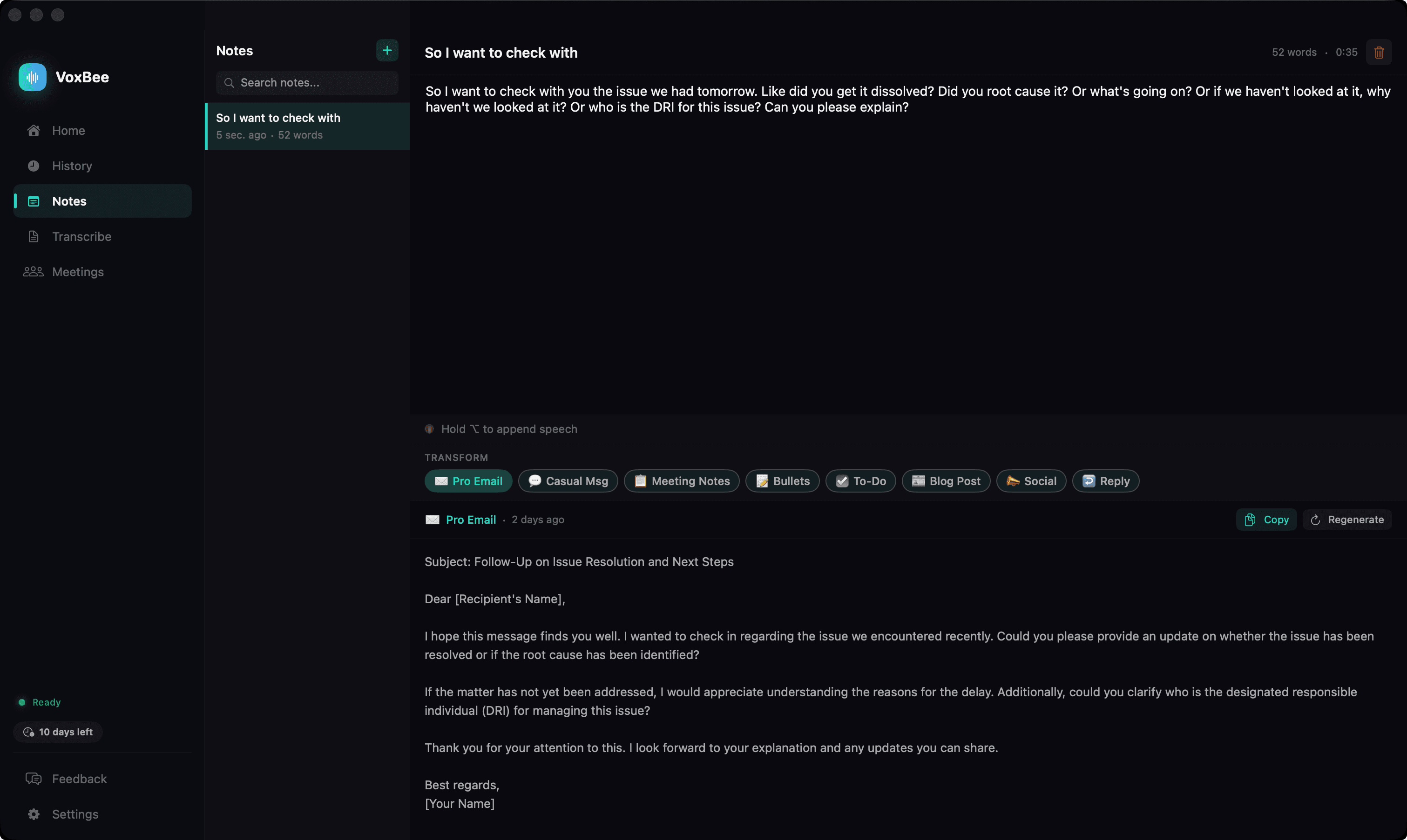 VoxBee voice notes view showing scratchpad text and AI transformation templates