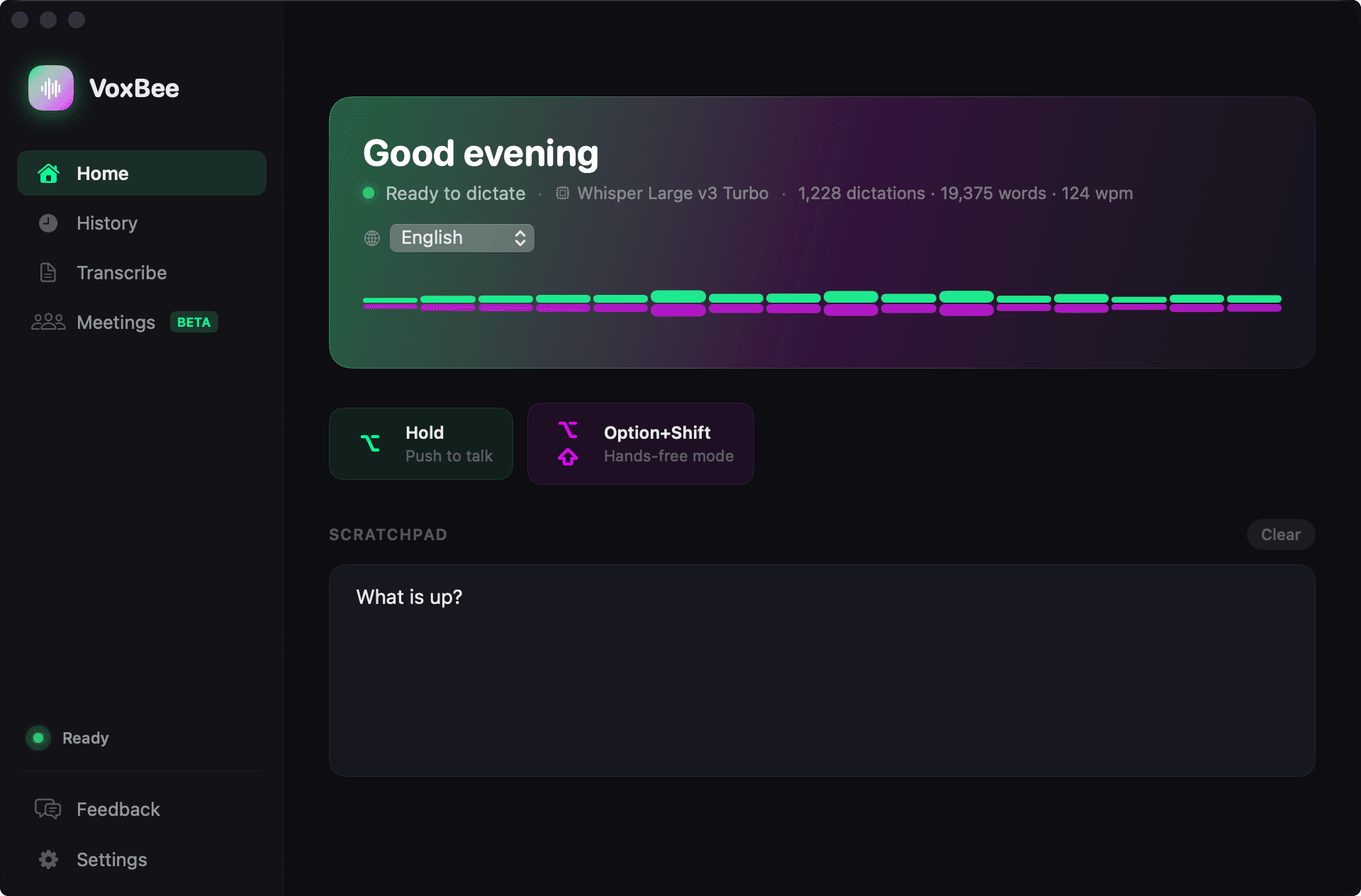 VoxBee dictation interface — push-to-talk speech-to-text on Mac and Linux