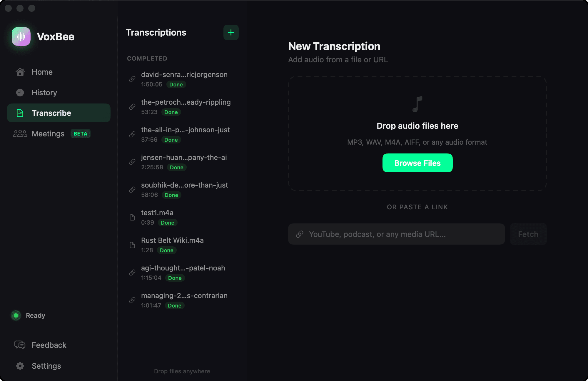 VoxBee file transcription — timestamped audio transcript with drag-and-drop